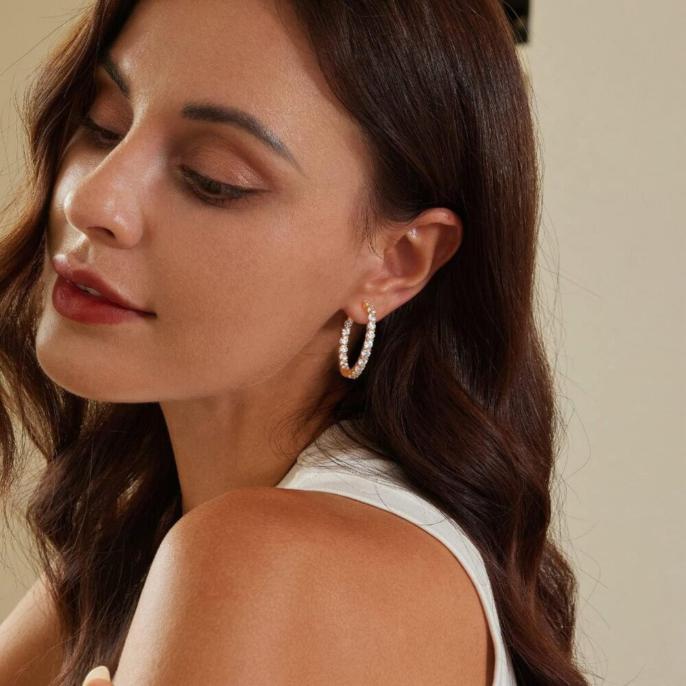 Gold Hoop Earrings for Women 14K Gold Plated Cubic Zirconia Hoop Earrings for Wo - Picture 3 of 7